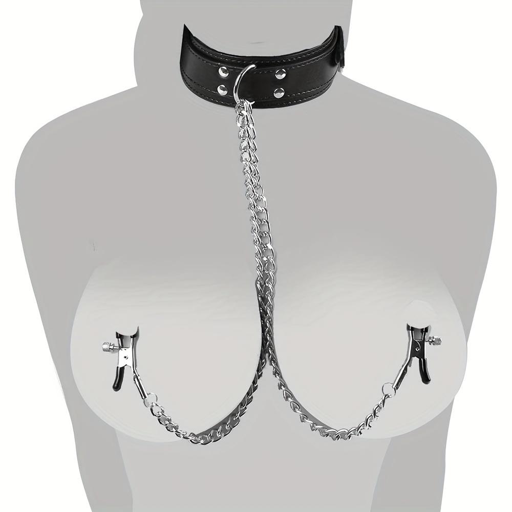 Pu Leather Collar Chain Collar With Nipple Clip BDSM Bondage, adult Sex Toys For Men Women
