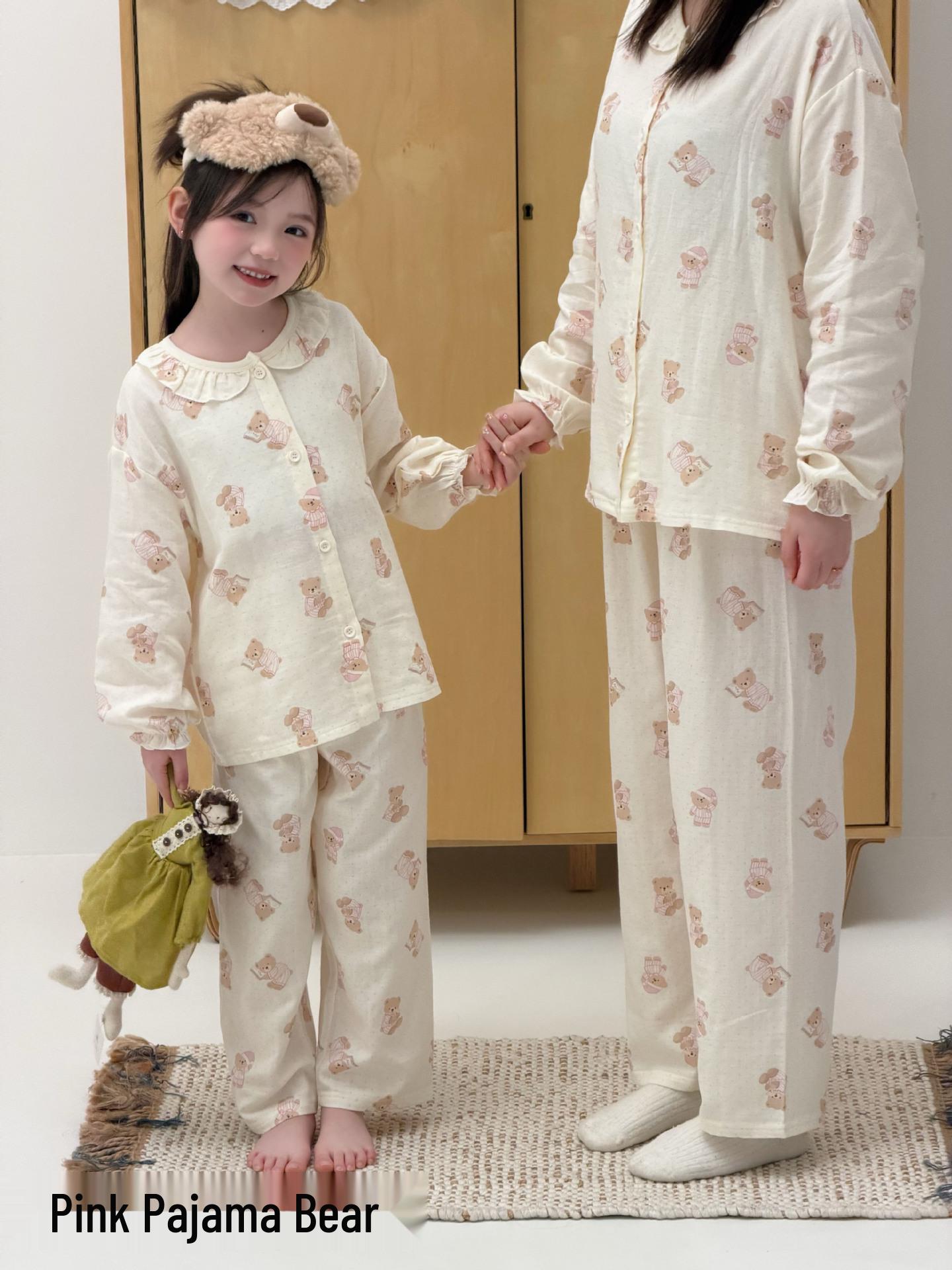 Pure Cotton Parent-Child Cartoon Pajama Set: Korean Style Long Sleeve Cardigan & Long Pants 120cm
