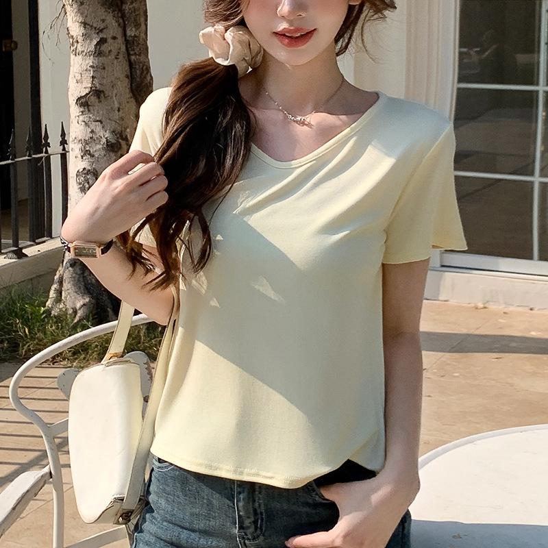 Women's V-Neck Casual Summer T-Shirt: Slimming, Versatile, Trendy, Short Sleeve, Solid Color