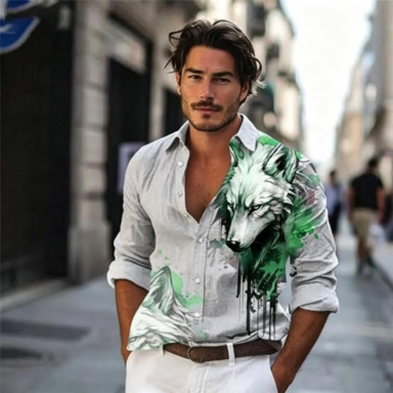 Men Button‑up Long Sleeve Shirt Wild Wolf‑head Splash‑art Motif Turn‑down Collar Leisure Street Theme‑party Gathering Outfit