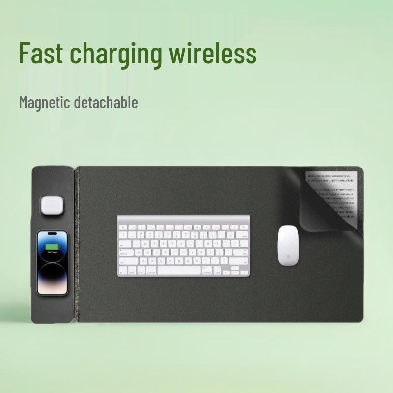 Felt Leather Dual-Sided Anti-Slip Waterproof Desk Mat with Wireless Charging for Phone & Earphones