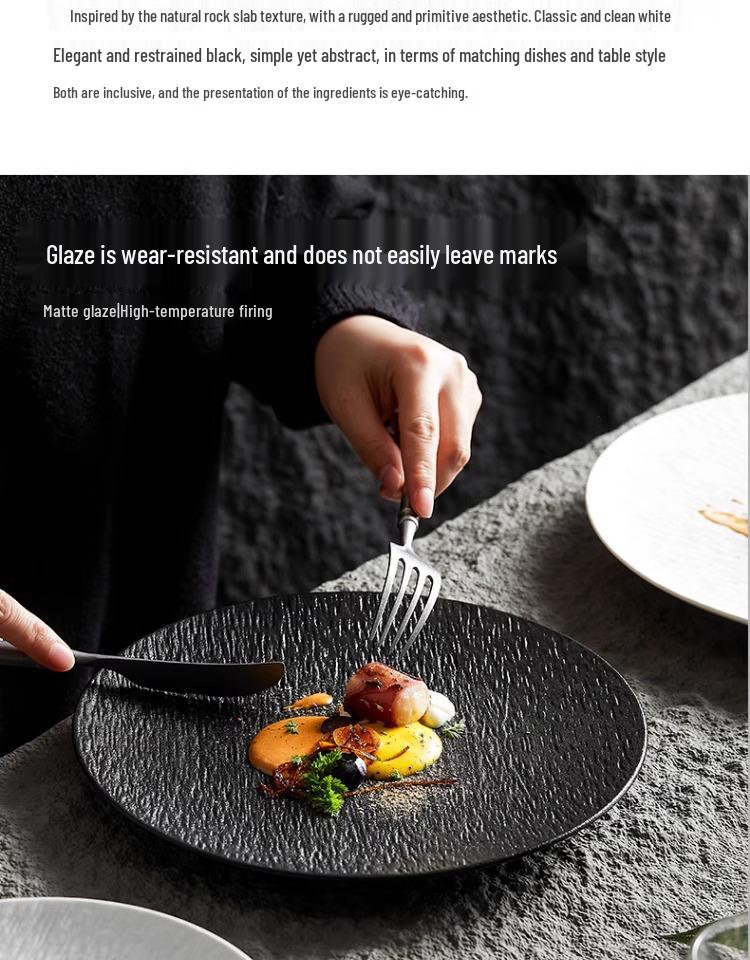 Black and White Ceramic Food-Grade Shallow Plate - Luxury Style for Meals and Breakfasts