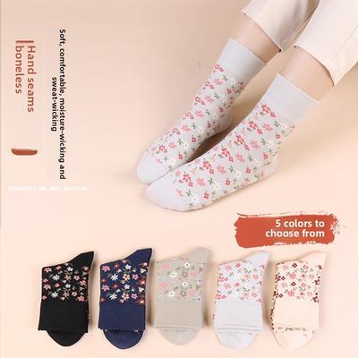 5 Pairs Autumn and Winter Vintage Small Floral Ladies Mid-tube Mori Department College Socks Mid-tube Socks