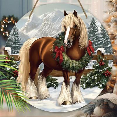 Caldo Inverno Natale Segno di Legno con Motivo Cavallo - Segno Rotondo Navidad per Decorazione da Appendere alla Porta d'Ingresso - Regalo di Natale Ideale