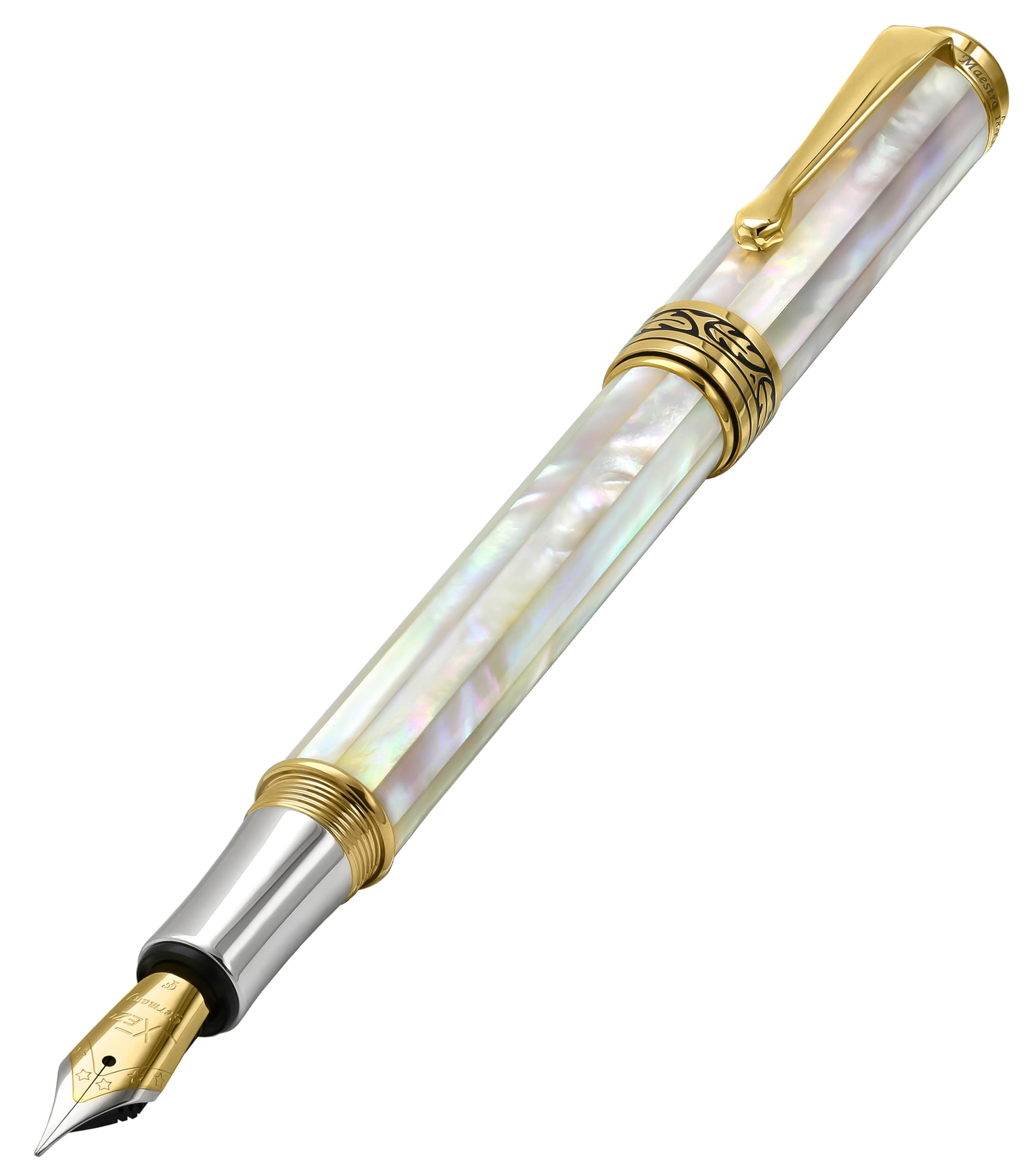 

Xezo Maestro Oceanic Origin Iridescent White Fountain 18K Gold with Platinum Serialized Mother-of-Pearl Fine-Nib Pen, Plated,
