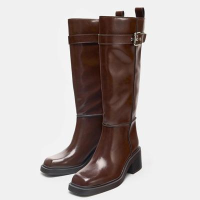 Unikalna Klamra Paska Dekoracja Kozaki Damskie Vintage Brązowe Miękka Skóra Gruba Podeszwa Platformy Styl Angielski Buty Rycerskie