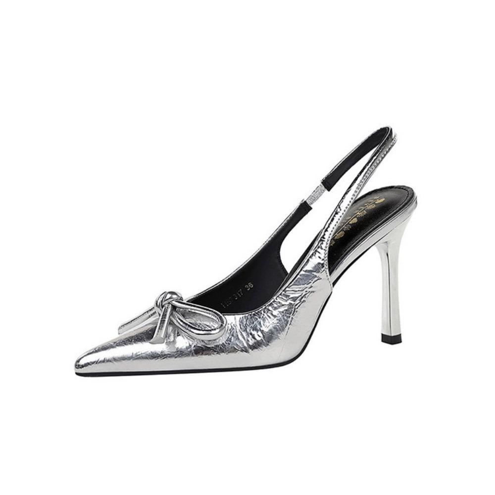 

9.5CM Women Patent Leather High Heels, Pointed Toe Backless Sandals, Bow Decor Stiletto Heels, Sexy Nightclub Party Elegant Ladies Dress Shoes 40 срібний