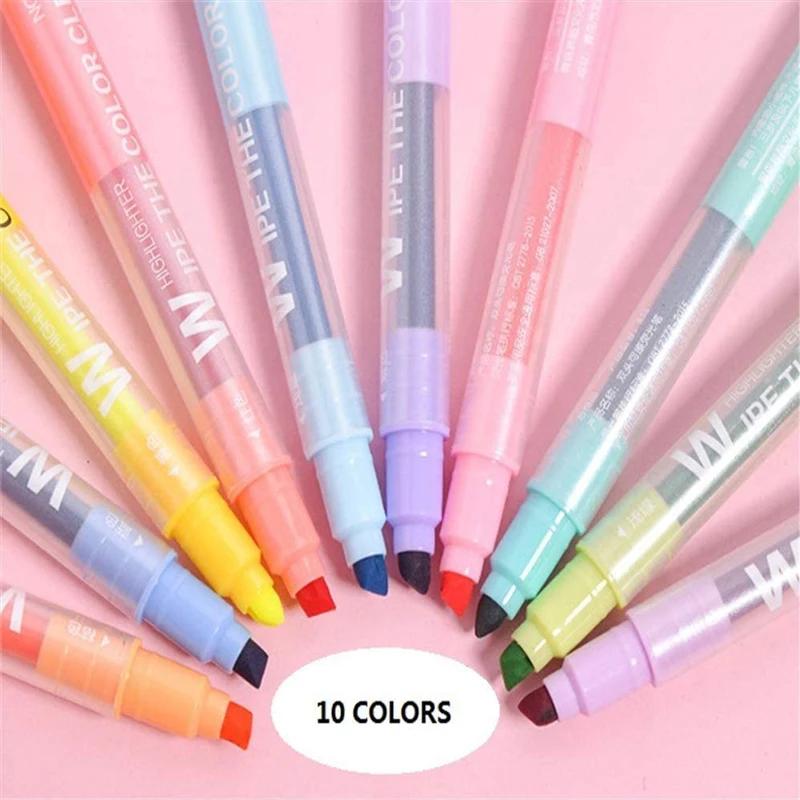10 Colors Erasable Highlighter Dual Tip Marker Pastel Fluorescent Pen Art Drawing Doodling School Stationary Supplies
