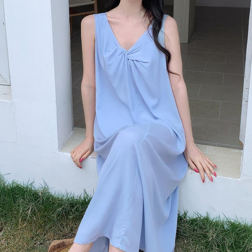 Maillard Solid Color Kinked Sleeveless Vacation Dress Women's Summer Loose and Thin Cotton and Silk Nightdress Can Be Worn Outside Cotton Silk Skirt