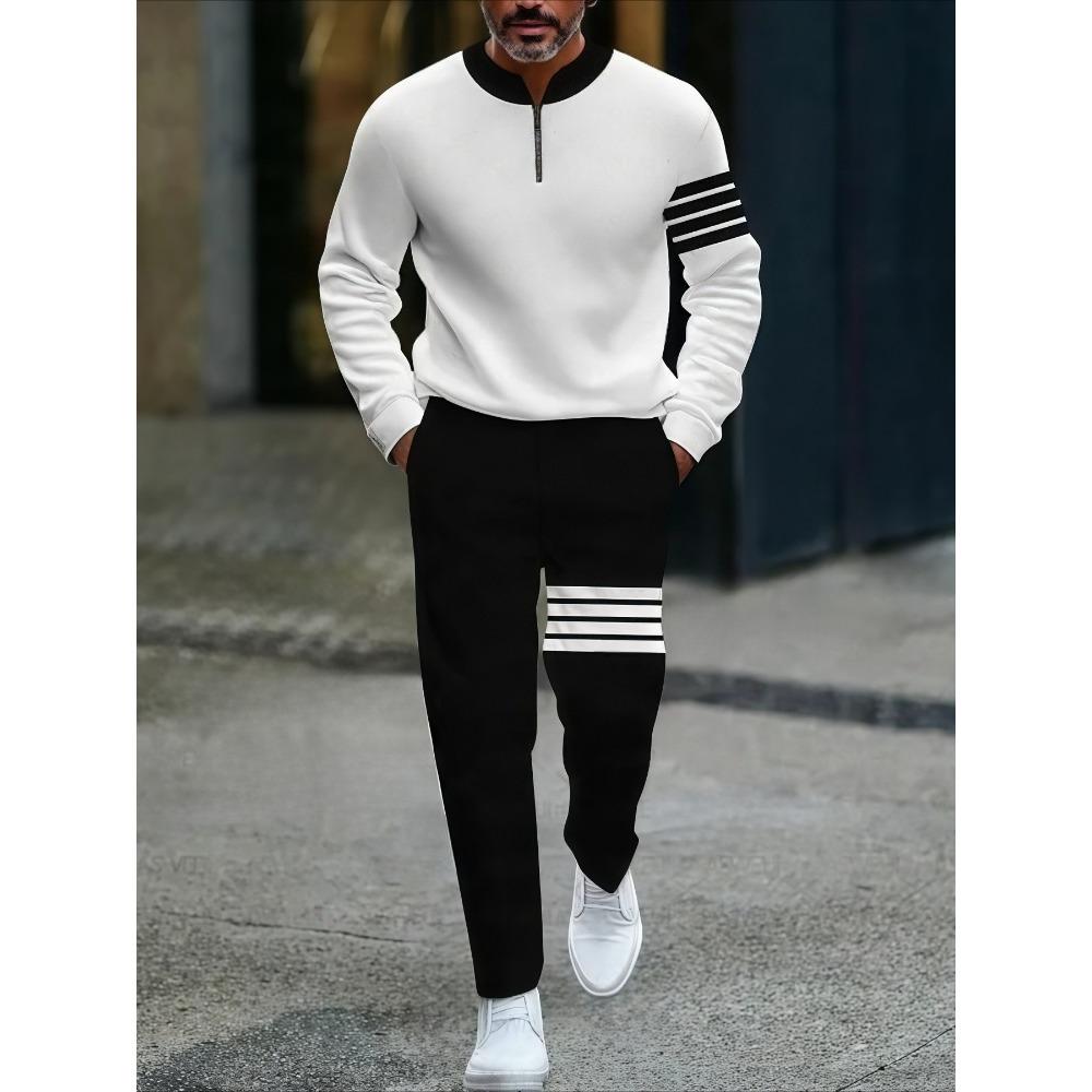 Spring Autumn Fashion Streetwear Men's Long-Sleeved Half-Zipper Stand-Up Collar Casual Sportswear Men's Clothing Two-Piece Set