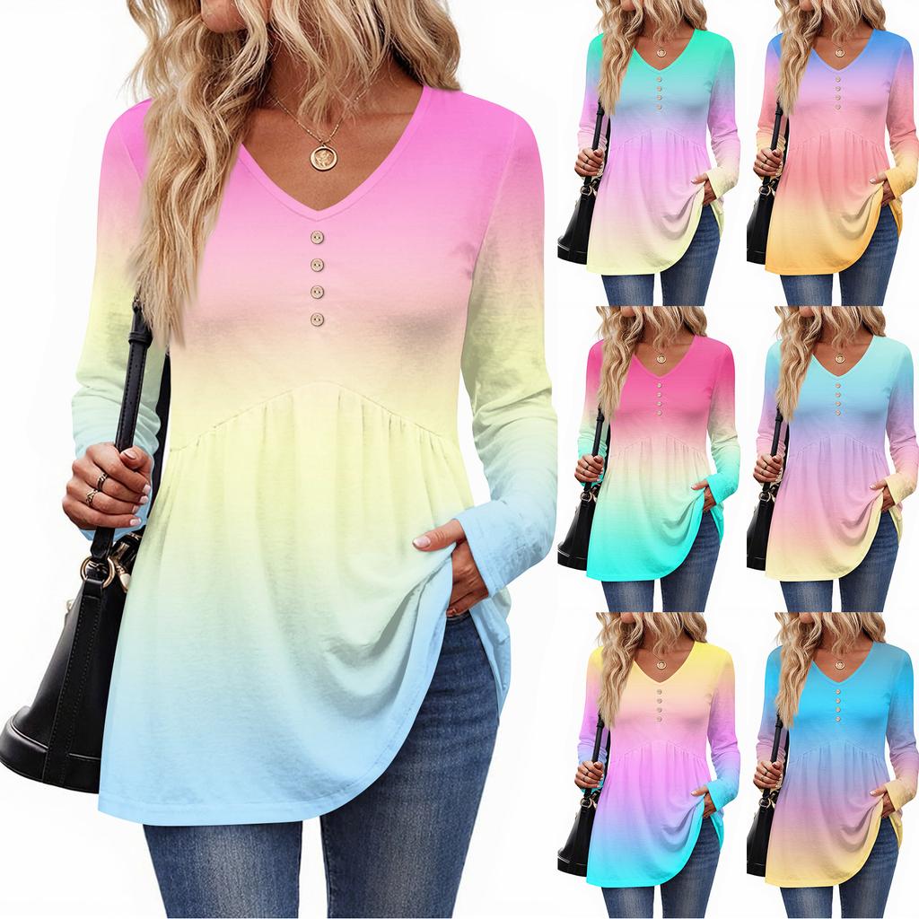 Women's Casual Fashion V-Neck Button Gradient Long Sleeve Top