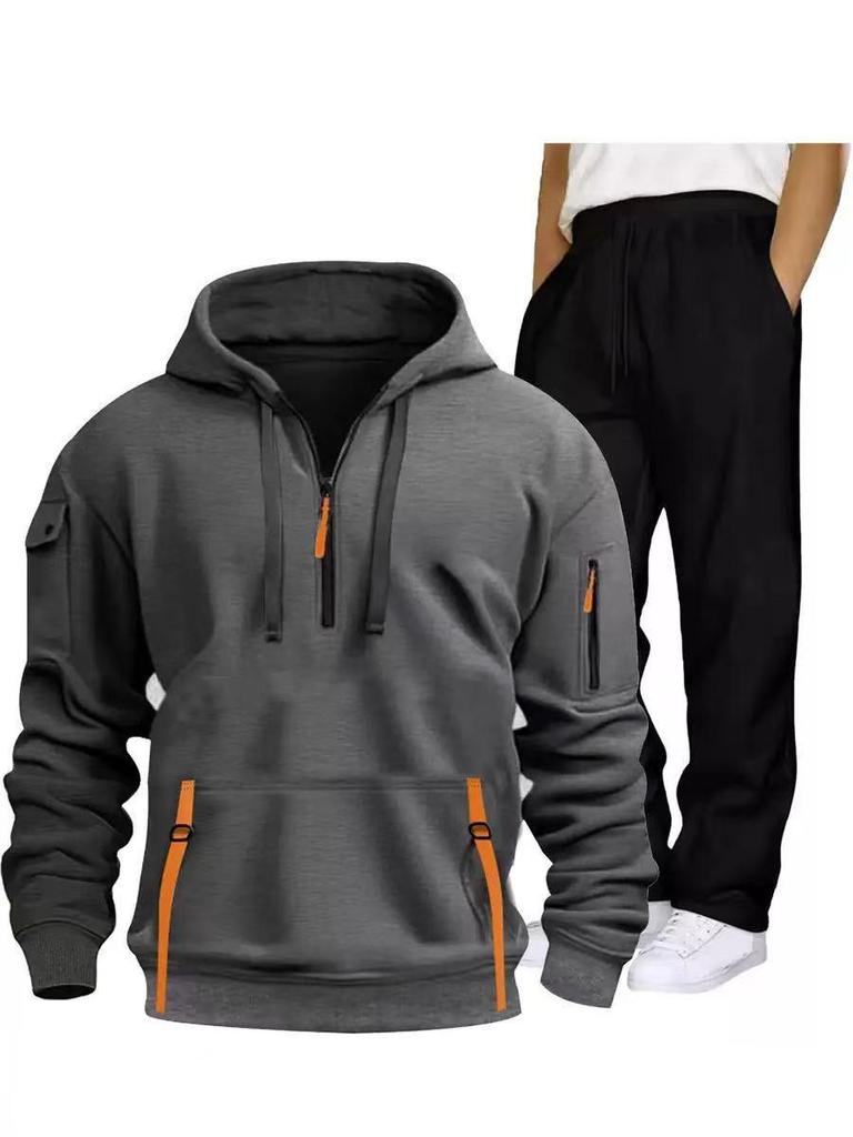 2026 Men's European Size Hoodie & Sweatpants Two-Piece Set - Half-Zip Hoodie & Straight Leg Pants