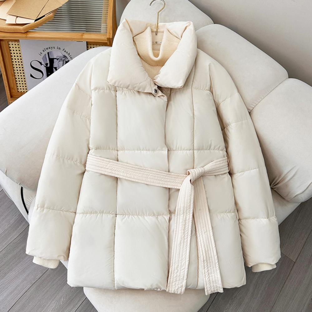 Women's Stand Collar Long Sleeve Raglan Sleeve Coat Loose Fit Casual Puffer Jacket with Waist Belt for Winter Wear