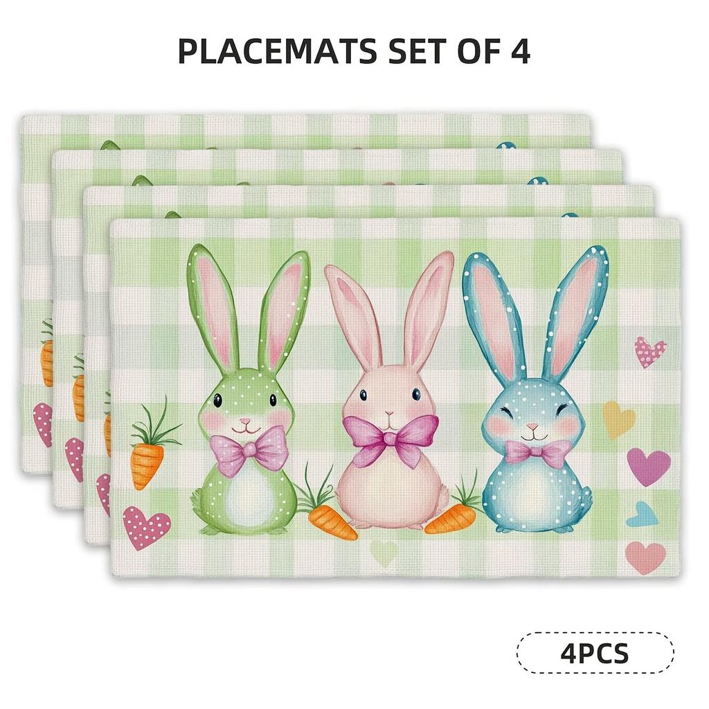 Adorable Bunny and Heart Pattern Placemats, 4pcs Set, Rectangular Placemats for Dining Table, Kitchen Table Mats, (12"x18") Suitable for Home Kitchen