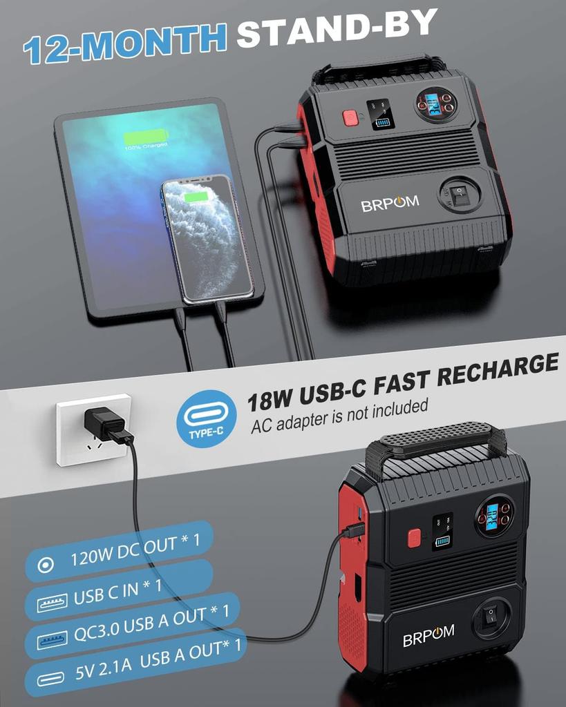 Auto-Starthilfe 24000mAh 150PSI Luftkompressor 8000A Spitzenstrom für 12V Autobatterie mit QC 3.0 & 160W DC Ausgang