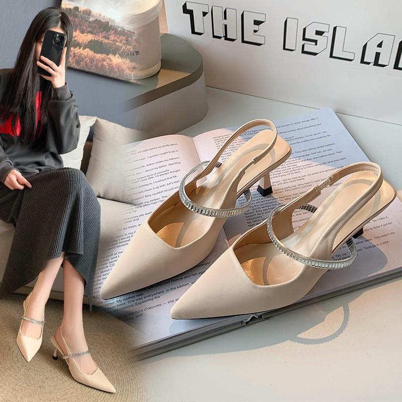 French elegant women's shoes pointed toe thin heel new white bridesmaid shoes with rhinestone temperament women's bag head sandals