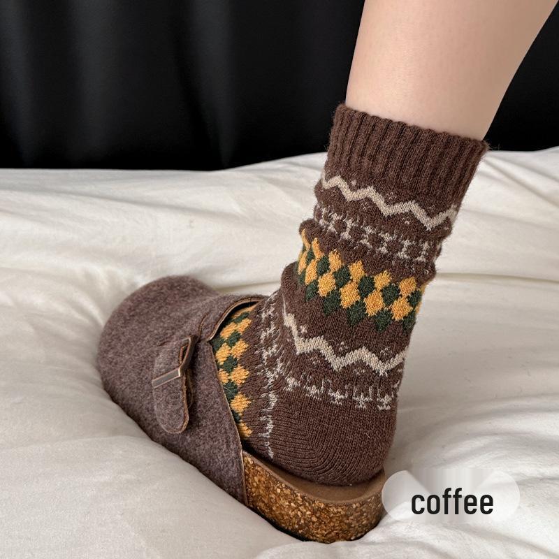 Damen Vintage Fair Isle Wollsocken, Verdickt Warm Wadenlang, Herbst Winter, Kaffeefarben, Kniehoch.