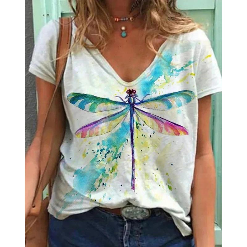 Sommer Schmetterling Libelle 3D V-Ausschnitt Bedruckt Neues Damen Top T-Shirt