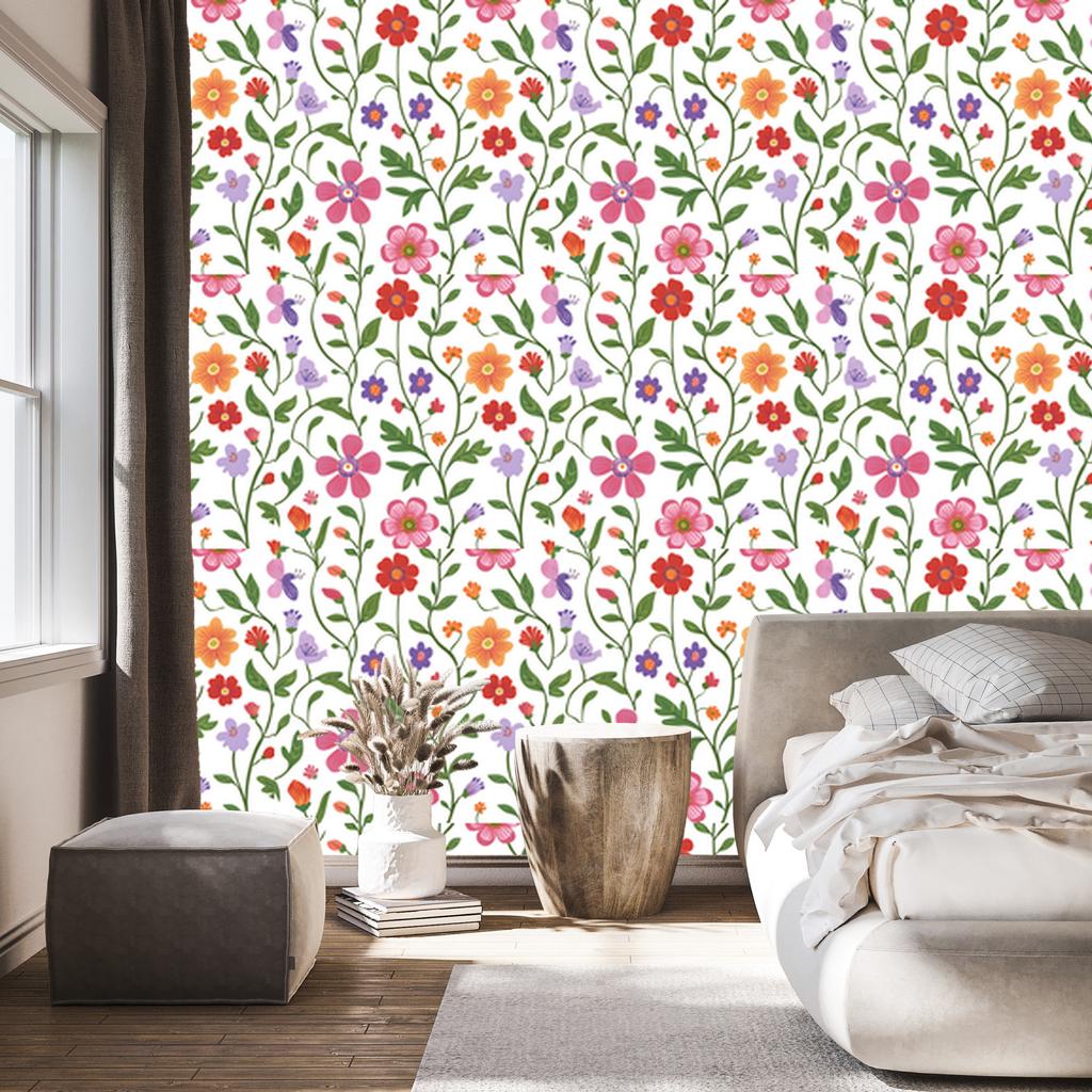 Flowers and Leaves Wallpaper White, Light Gray and Lime 50x1000