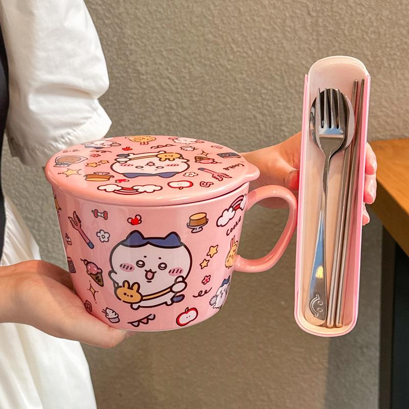 High-value and cute student large instant noodle cup Ceramic instant noodle bowl with lid Dormitory tableware Soup noodle ramen bowl