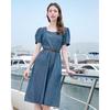 Betu Women's Short Sleeve Puff Sleeve Belted Denim Dress