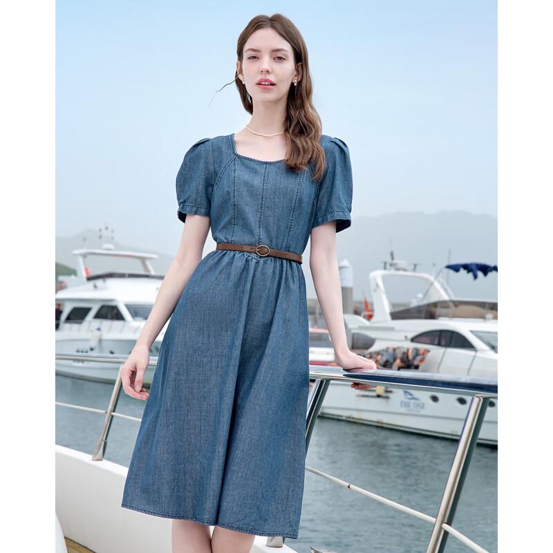 Betu Women's Short Sleeve Puff Sleeve Belted Denim Dress