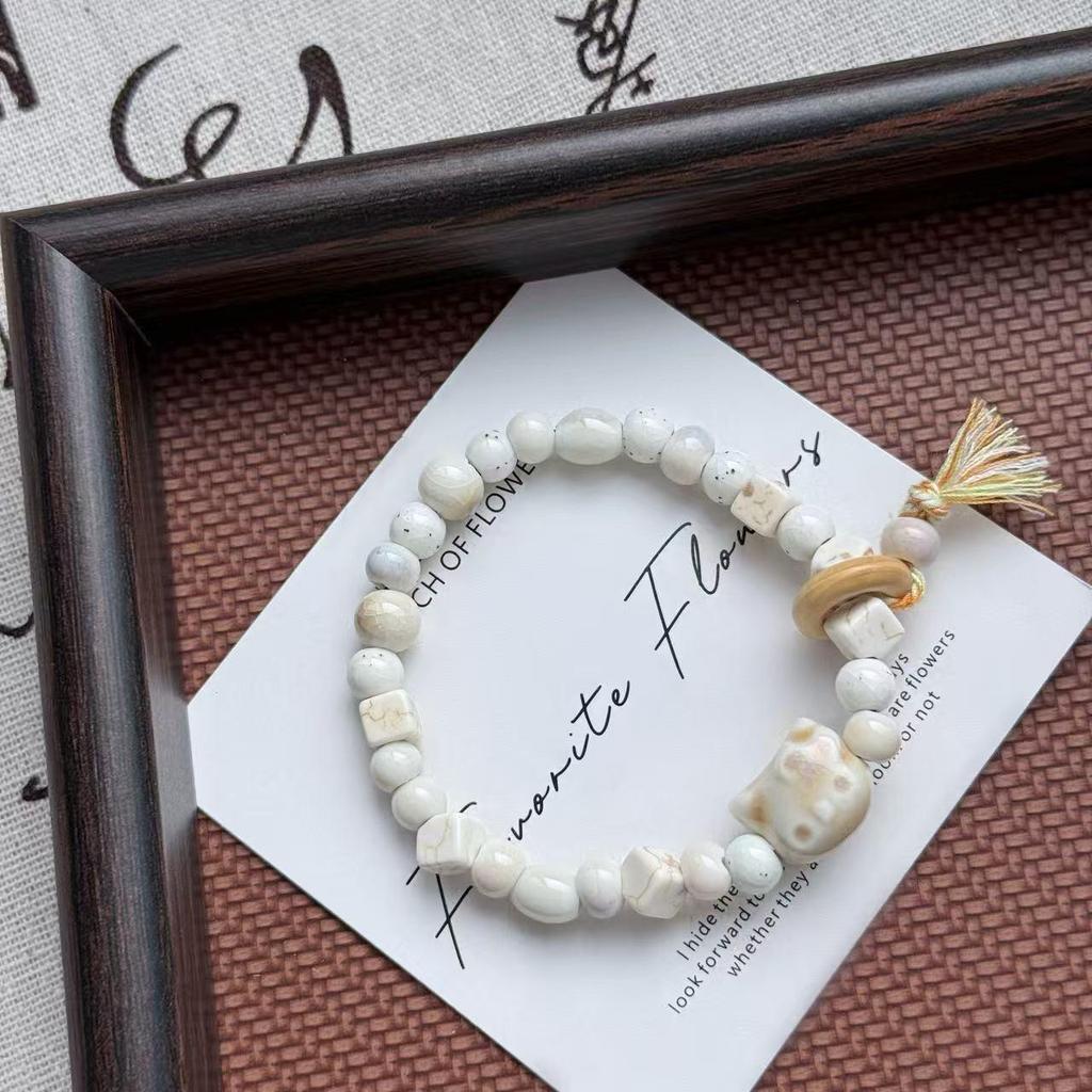 Macaron Ceramic Cat Bracelet - Mori Style Adjustable Woven Bracelet for Soft Girls