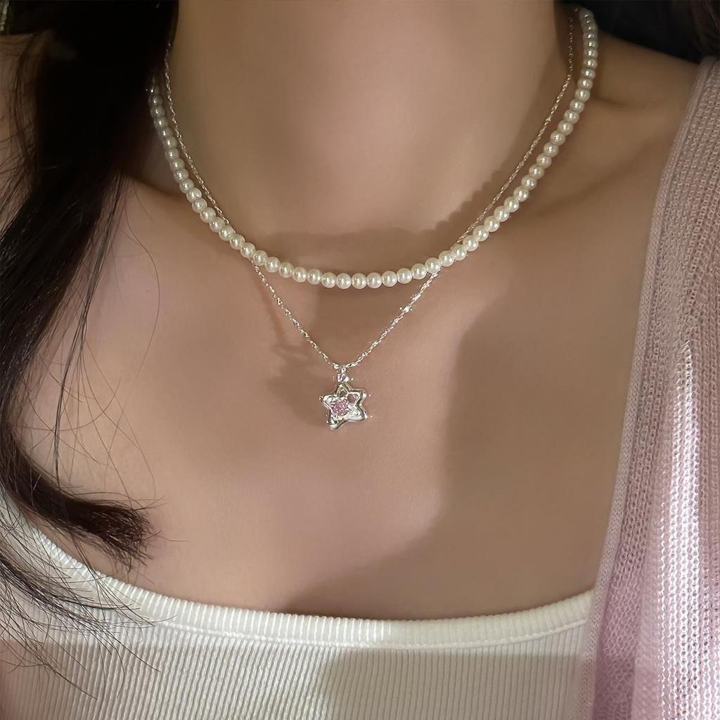 Elegant Korean Style S925 Silver Pink Star Zircon Necklace - Trendy Women's Clavicle Chain Choker