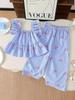 Ensemble 2 pièces Gingham Bleu à Fleurs pour Jeunes Filles - Haut à Manches Volantes & Pantalon Large, Ensemble d'Été Respirant Décontracté