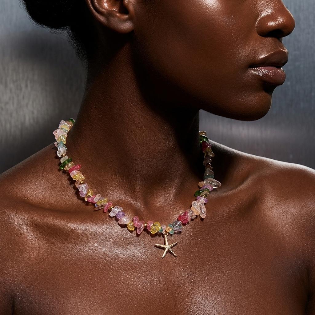 Bohemian Colorful Natural Crushed Stone Choker for Women Creative Crystal Beaded Starfish Pendant Necklace Beach Jewelry Gift