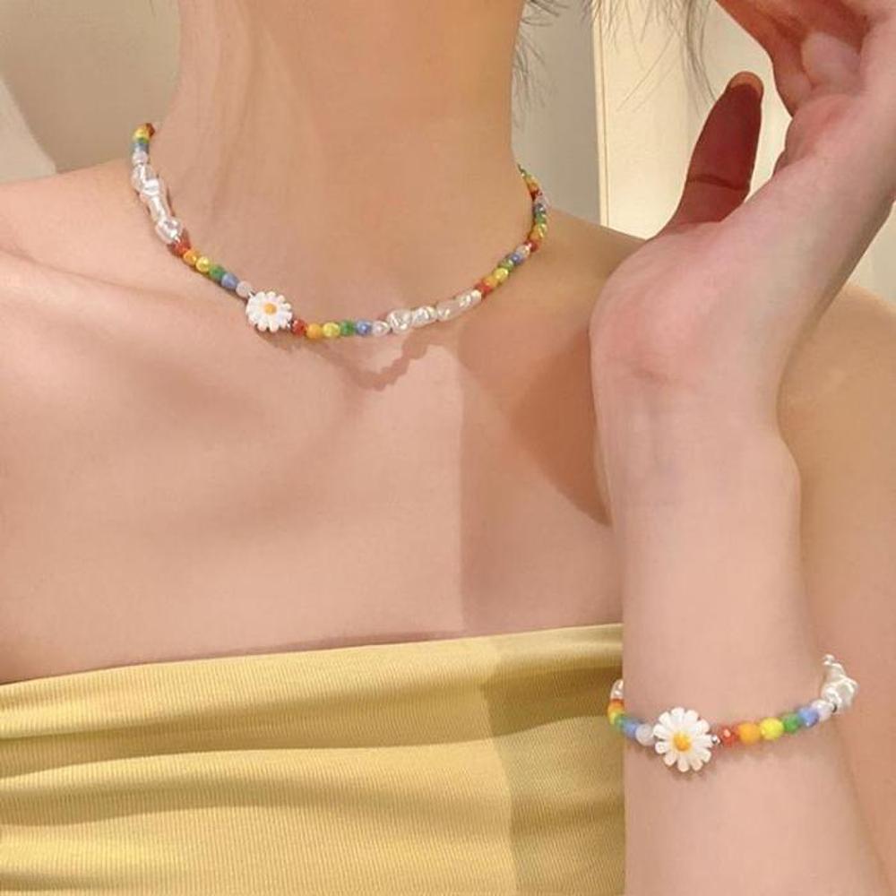 [Onoma] Onm Chrysanthemum Pearl Freshwater Faux Bead Crystal Choker Necklace Summer Vivid Necklace