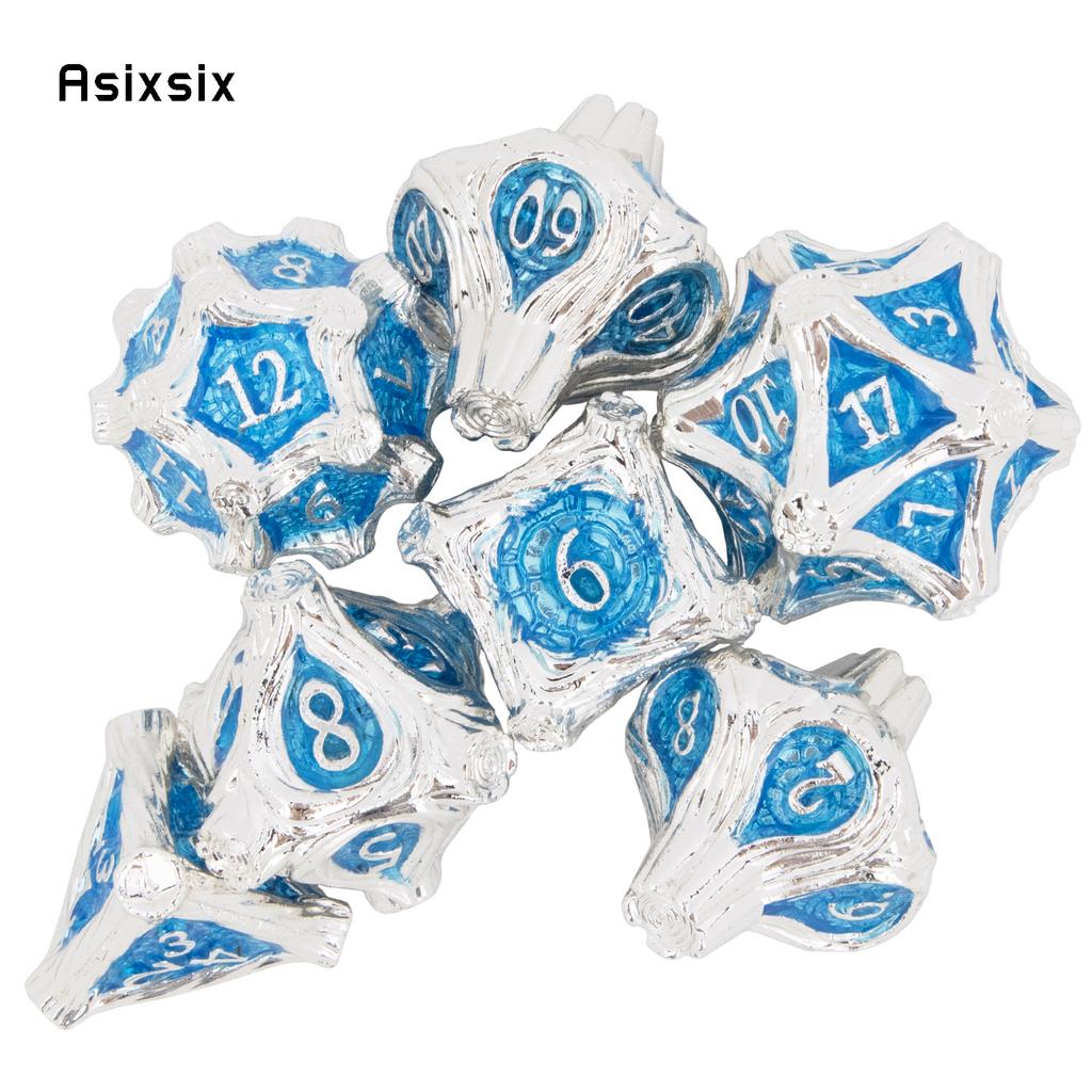 7 Pcs White BlueTree Stump Root Metal Dice Solid Metal Polyhedral Dice Set Suitable for Role-Playing RPG  Board Game Card Game