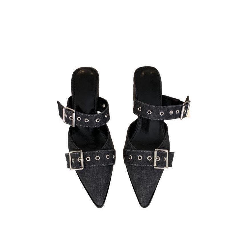 2025 spring pointed head low heel bag head sandals women's design sense superior comfort foreign style word with thick heel rivets half