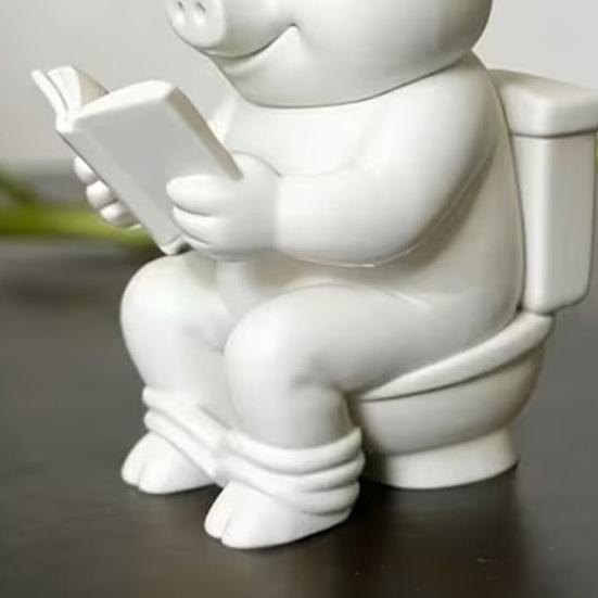 Yousheng 3D Printed Pig Statue, Mini Pig Figurine with Matte Frosted Surface, Dirt Resistant Cute Piglet Reading On Toilet