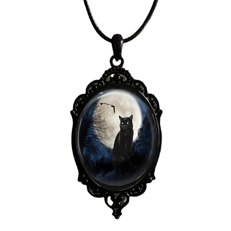 Black Cat Pattern Oval Glass Alloy Pendant Necklace in Moonlit Night