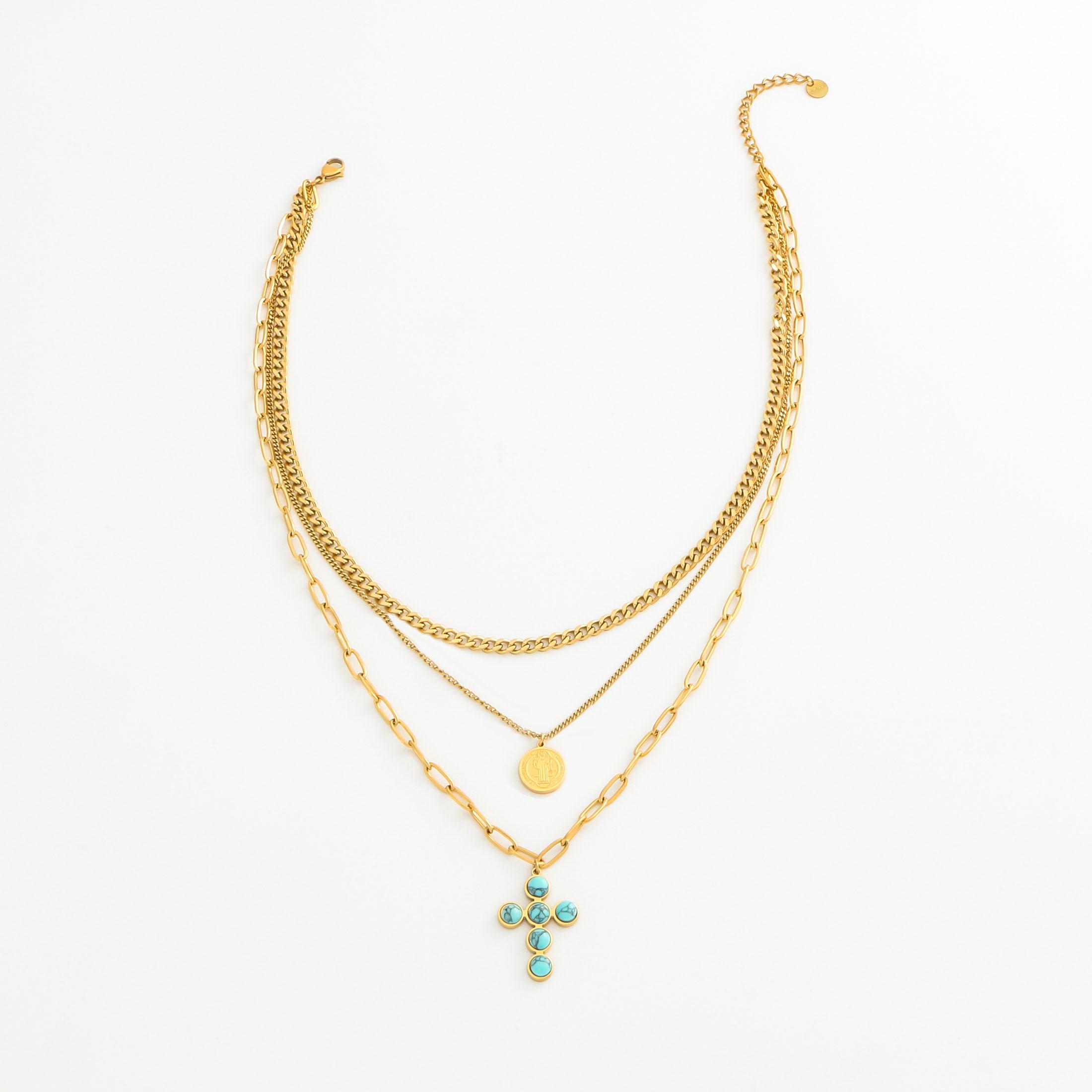 

Cross Set Turquoise Pendant Round Card Women s Bohemian Style Golden Jewelry Gift Elegant Party Multi layered Necklace золотий