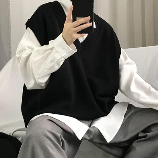 Men Sweater V Neck Solid Color Sleeveless All Match Spring Sweater for School