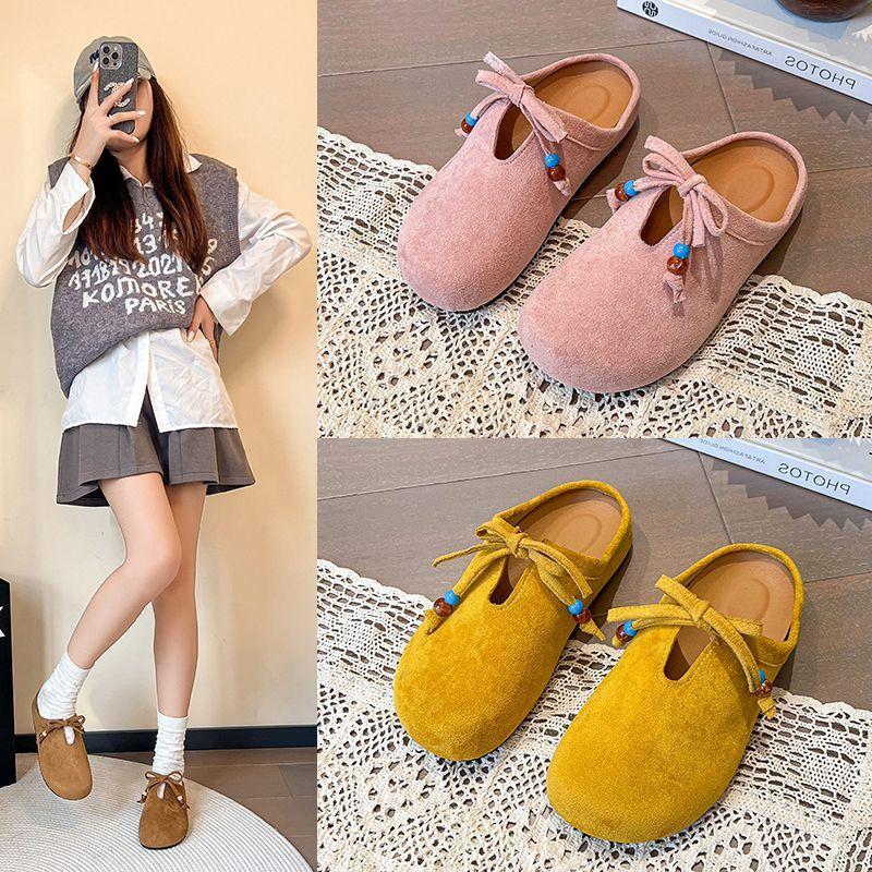 Bow soft bottom half slippers retro versatile flat bottom Boken bag head slippers women's 2025 spring and autumn new models