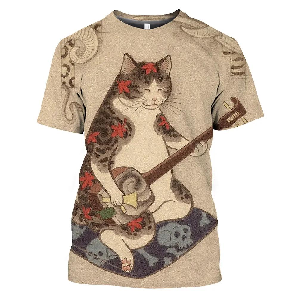 New Vintage T Shirt Men Japanese Style Short Sleeve Tops 3D Cat Tattoo Print O-neck T-shirts Oversized Tee Shirt Men Clothing