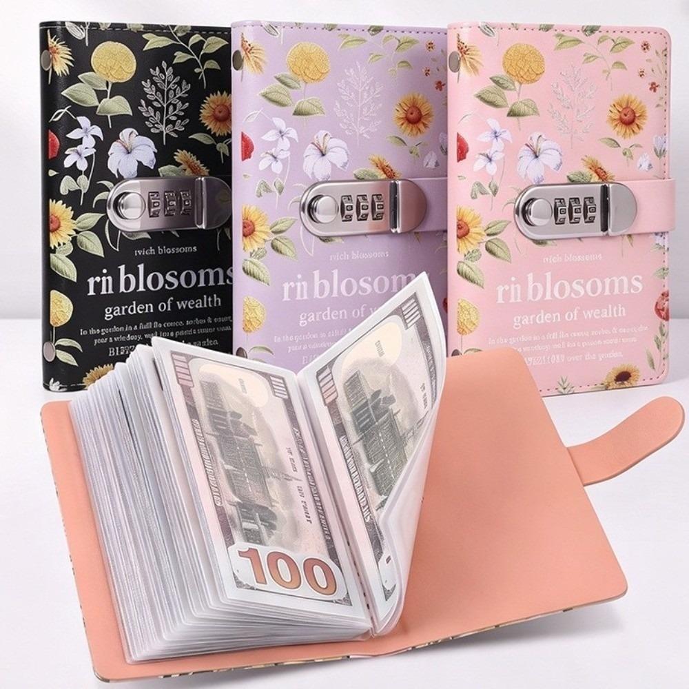 Double-sided Money Organizer Lockable Cash Envelope Travel Sunflower Print Budget Binder  Office
