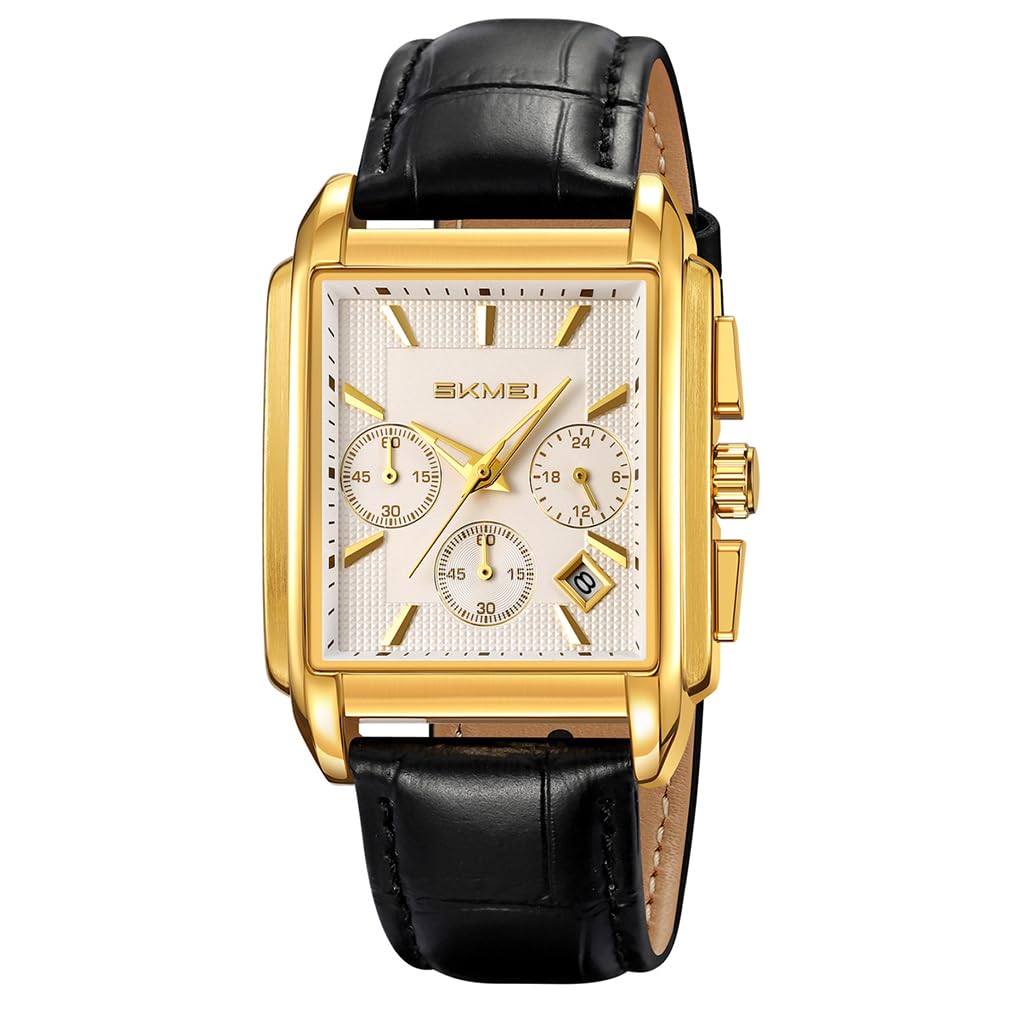 SKMEI Square Watch Black Leather Strap Stylish Arm Watch Chronograph Waterproof Brand Analog Business Casual Watch Luxury Gift Gold White Watch for