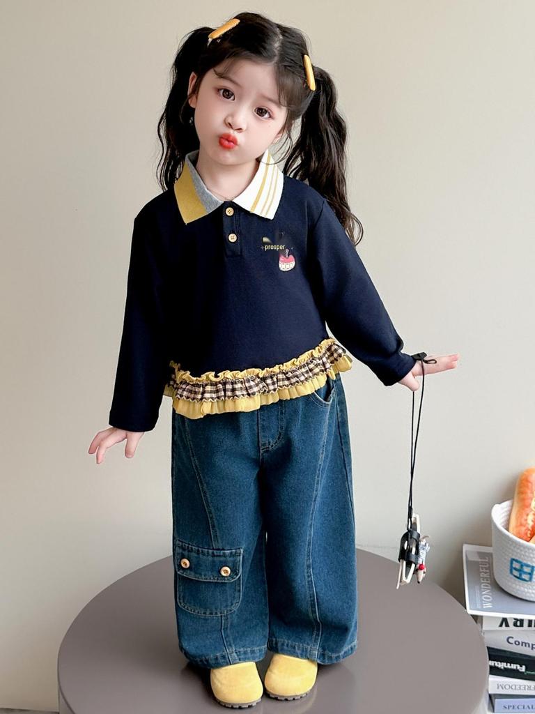 2025 New Girls' Korean Style Casual Sweatshirt and Jeans Set - Fashionable Autumn Outfit for Kids