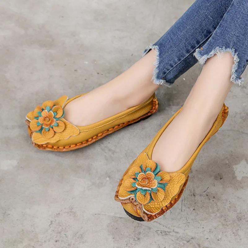Fashion 2025 Soft Genuine Leather Flat Shoes Women Flats with Flowers Ladies Shoes Women Designers Loafers Slip On Hot Selling