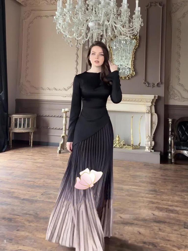 Autumn 2024 Tie-Dye Slimming Gradient Pleated Long Dress for Women