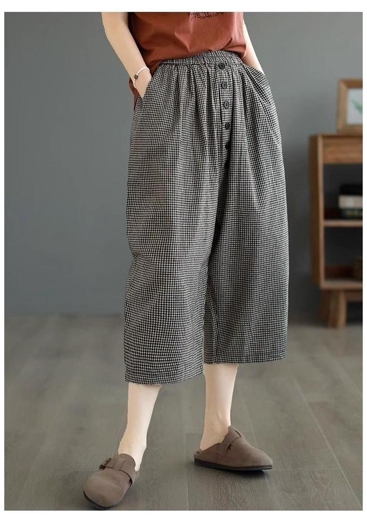 Women's Retro Plaid High-Waisted Wide-Leg Cropped Pants - Summer Lightweight Style