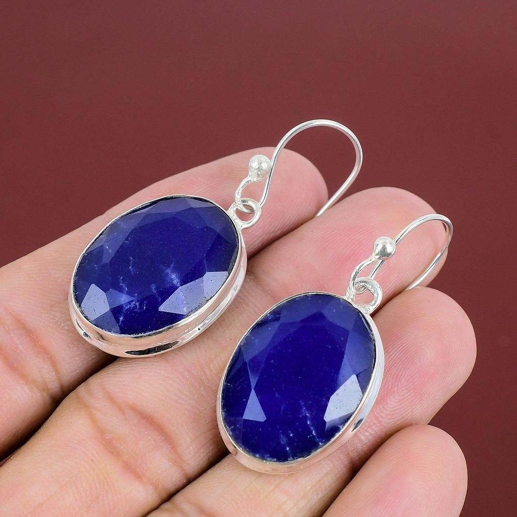 Faceted Blue Sapphire Earring 925 Sterling Silver Earring Gemstone Earrings Blue Sapphire Handmade Jewelry Antique Drop Earring Gift For Mom