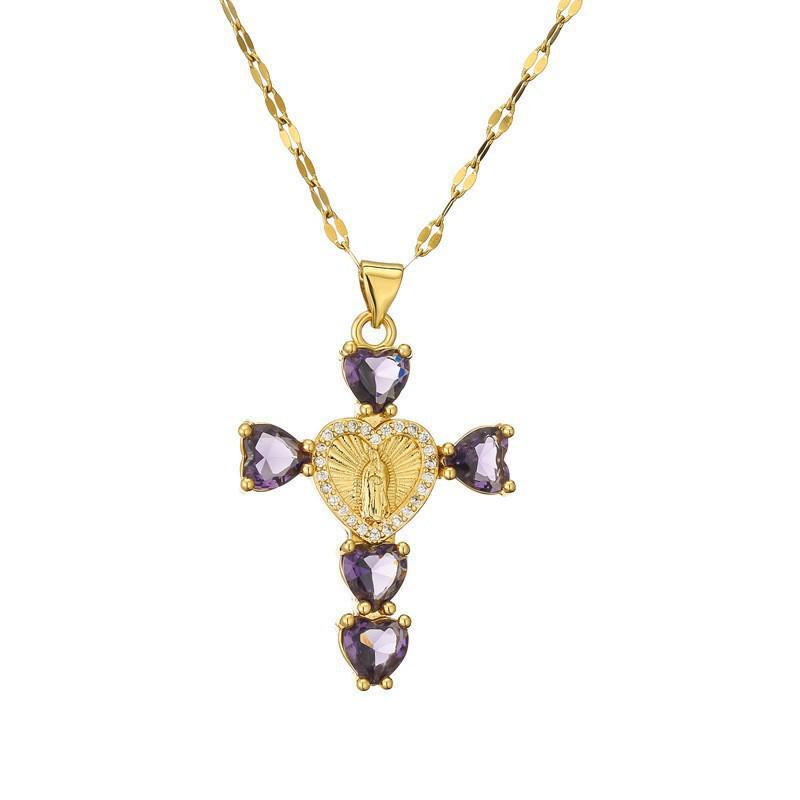 Gold-Plated Multi-Color Zirconia Cross Necklace with Full Diamond Design