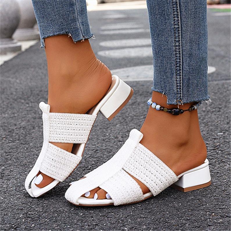 

Fashion Women Mid Heels Slippers Chunky Heeled Sandals Designer Shoes 2025 Summer Fashion Slides New Dress Pumps Mujer Zapatos 35 белый