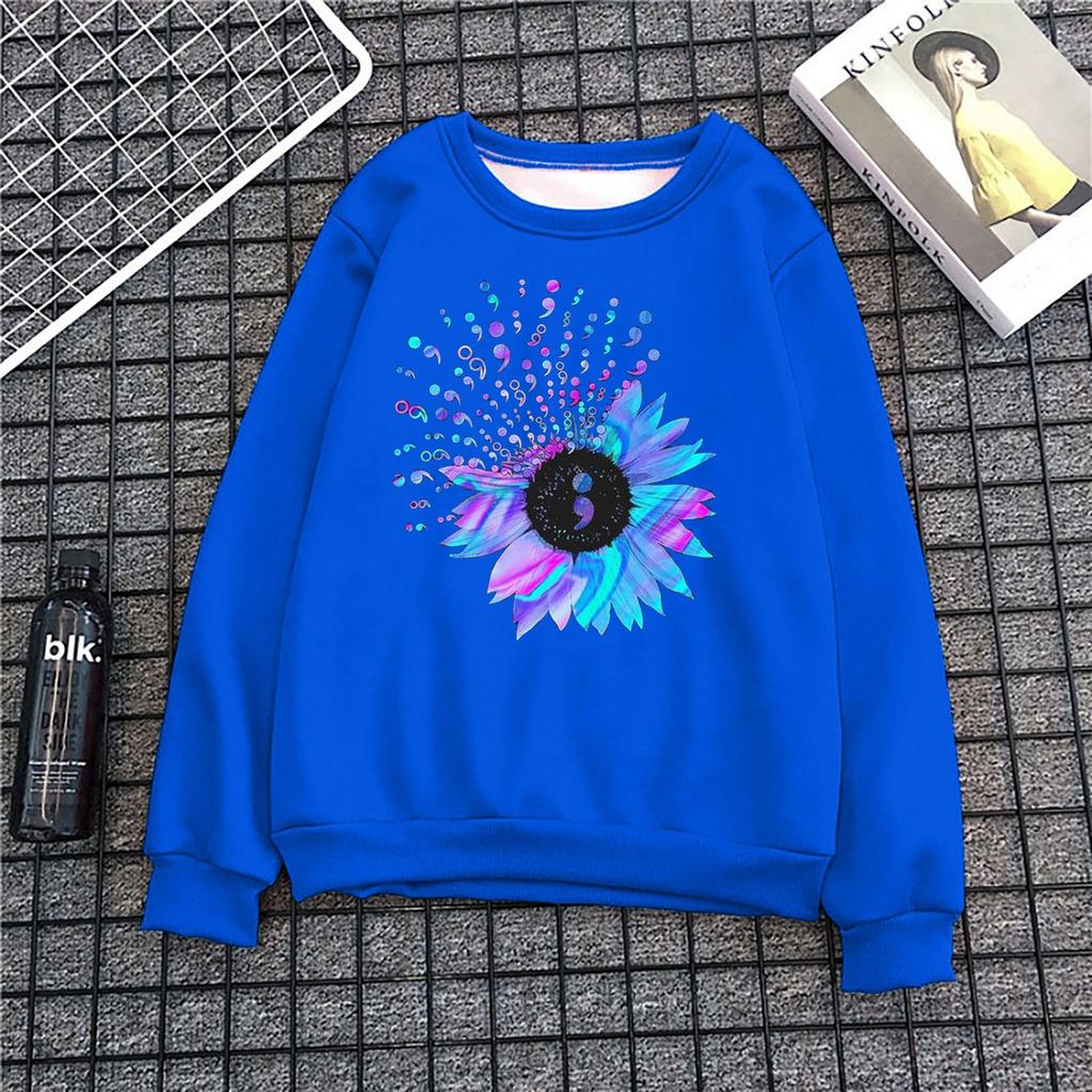 Women's Fashion Casual Print Round Neck Sweater Loose Sports Tops Pullover