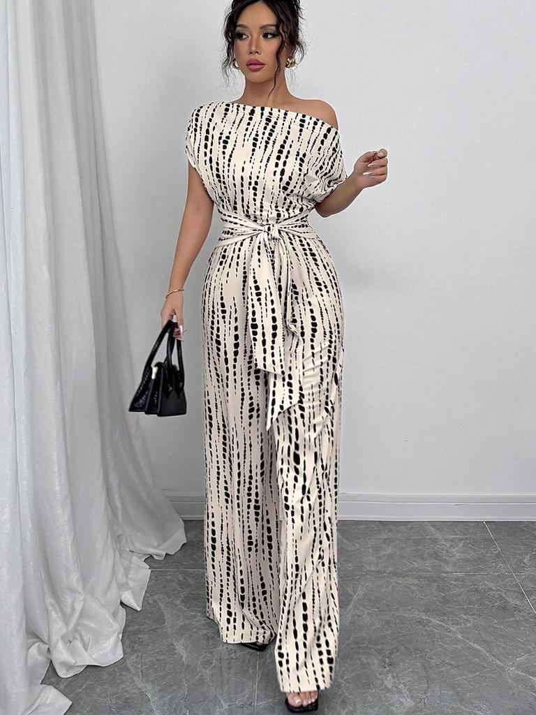 Gestreifter Jumpsuit Sommer Schrägschulter Bindung Weites Bein